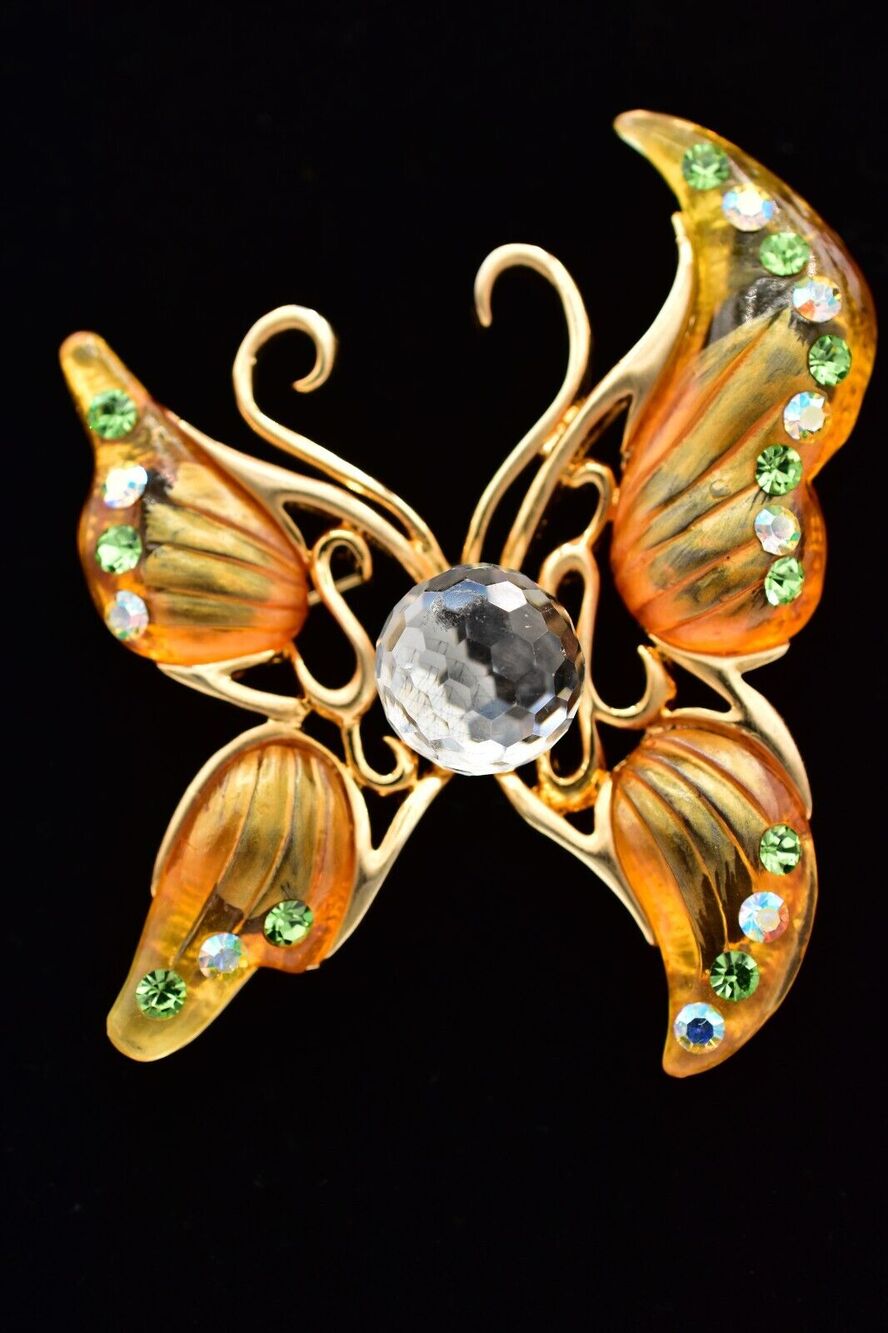 Vintage Crystal Butterfly Pin Brooch Frosted Lucite Orange Gold Heavy 80s BinBG